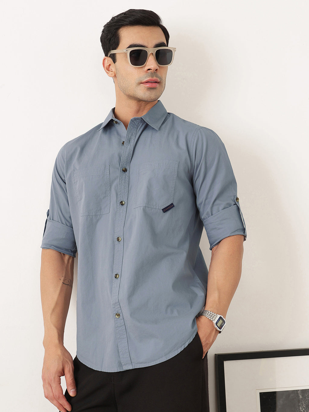 Thomas Scott Men Premium Mid Blue Slim Fit Long Roll-Up Sleeves Spread Collar Solid Cotton Casual Shirts