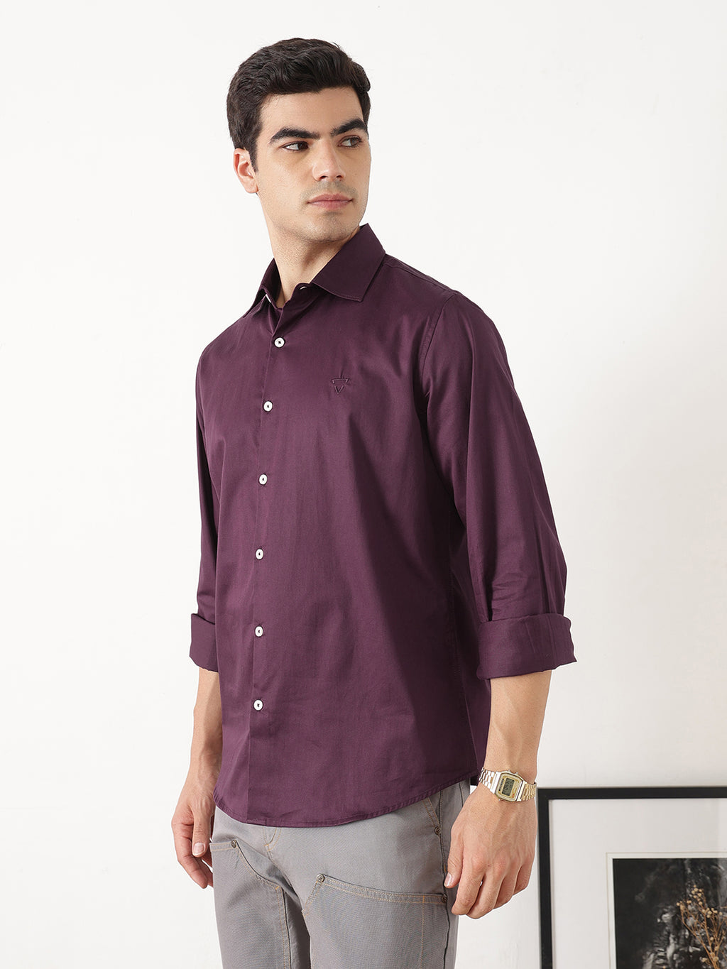 Wine Premium Slim Fit Solid Cotton Casual Shirt For Men