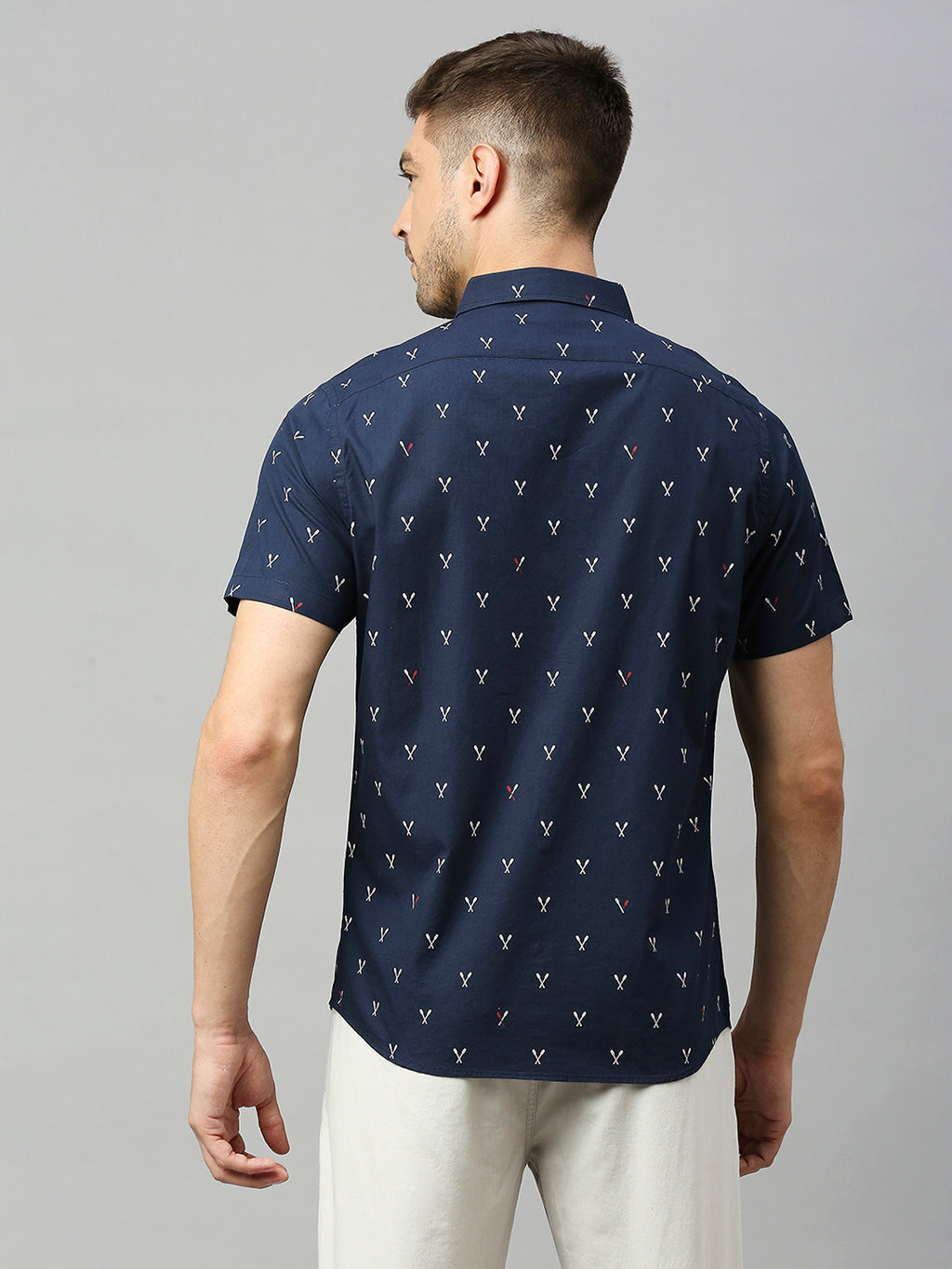 Thomas Scott Men Royal Navy Classic Short Sleeves Slim Fit Spread Collar Conversational Printed Cotton Casual Shirt