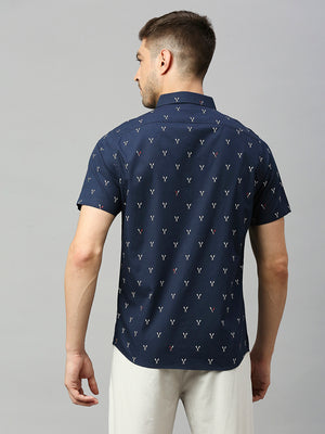 Thomas Scott Men Royal Navy Classic Short Sleeves Slim Fit Spread Collar Conversational Printed Cotton Casual Shirt