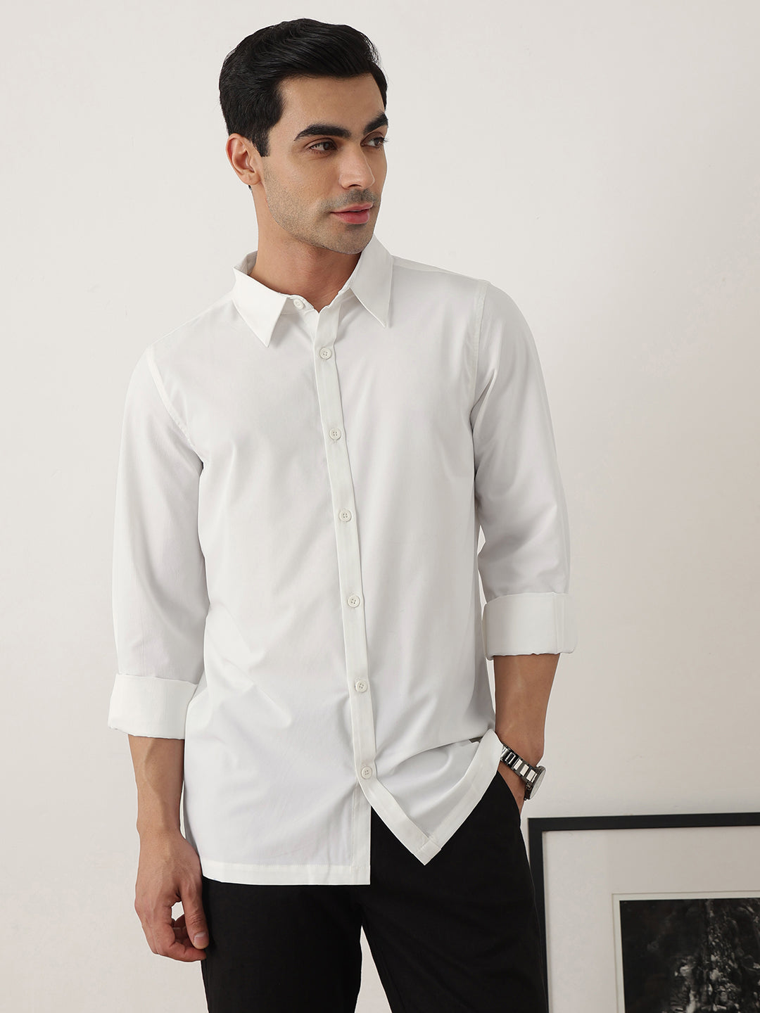 Thomas Scott Men Premium White Slim Fit Long Sleeves Spread Collar Solid Casual Shirt