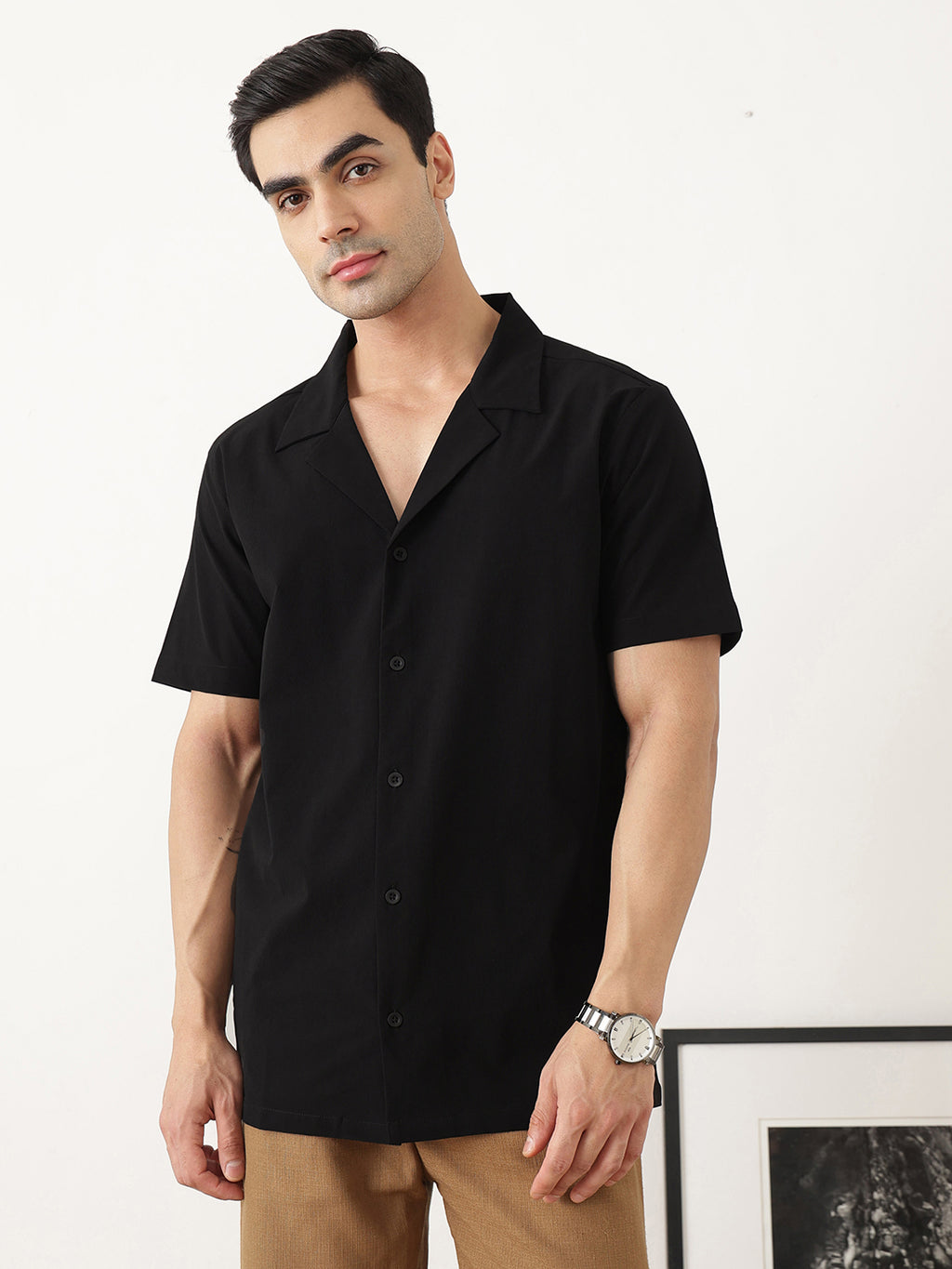 Thomas Scott Men Premium Black Oversize Fit Short Sleeves Cuban Collar Solid Casual Shirt