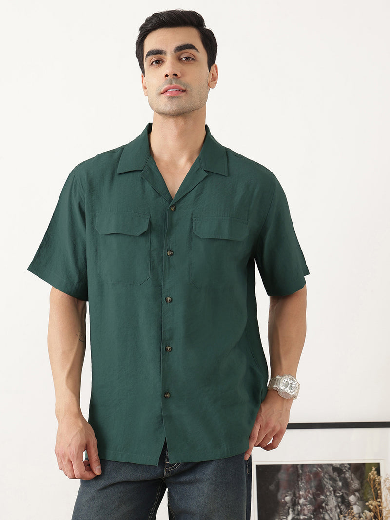 Thomas Scott Men Premium Green Oversize Fit Short Sleeves Cuban Collar Textured Casual Shirt