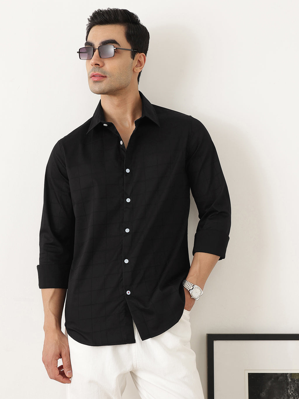 Thomas Scott Men Premium Black Regular Fit Long Sleeves Spread Collar Windowpane Checks Cotton Lycra Casual Shirt