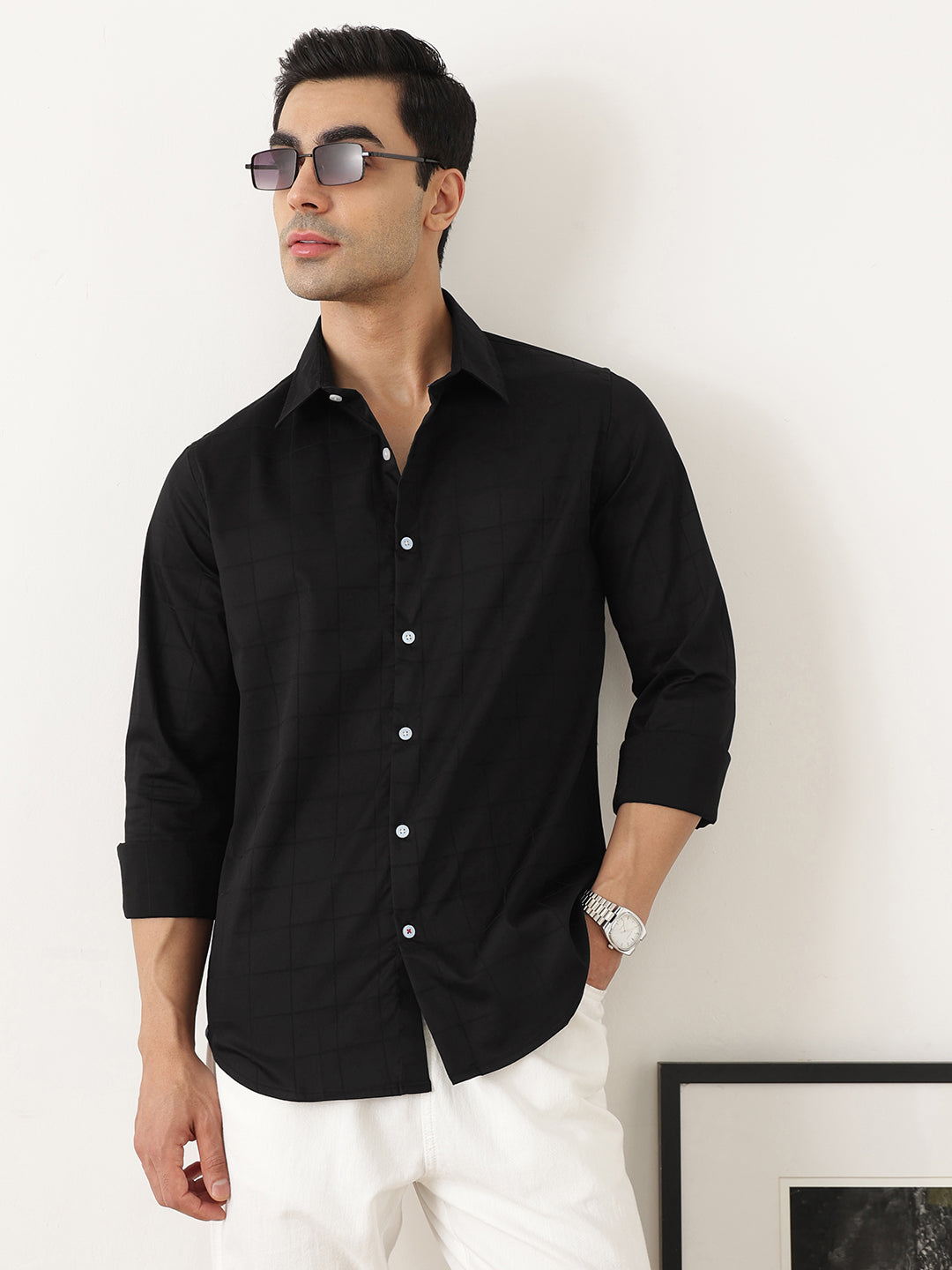 Thomas Scott Men Premium Black Regular Fit Long Sleeves Spread Collar Windowpane Checks Cotton Lycra Casual Shirt