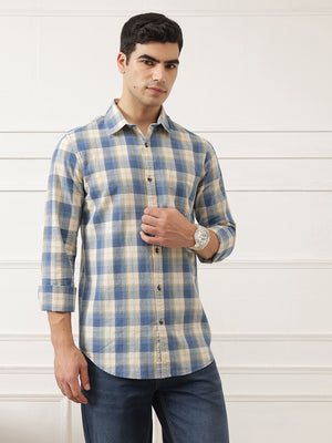Blue Premium Slim Fit Graphic Checked Cotton Linen Casual Shirt For Men