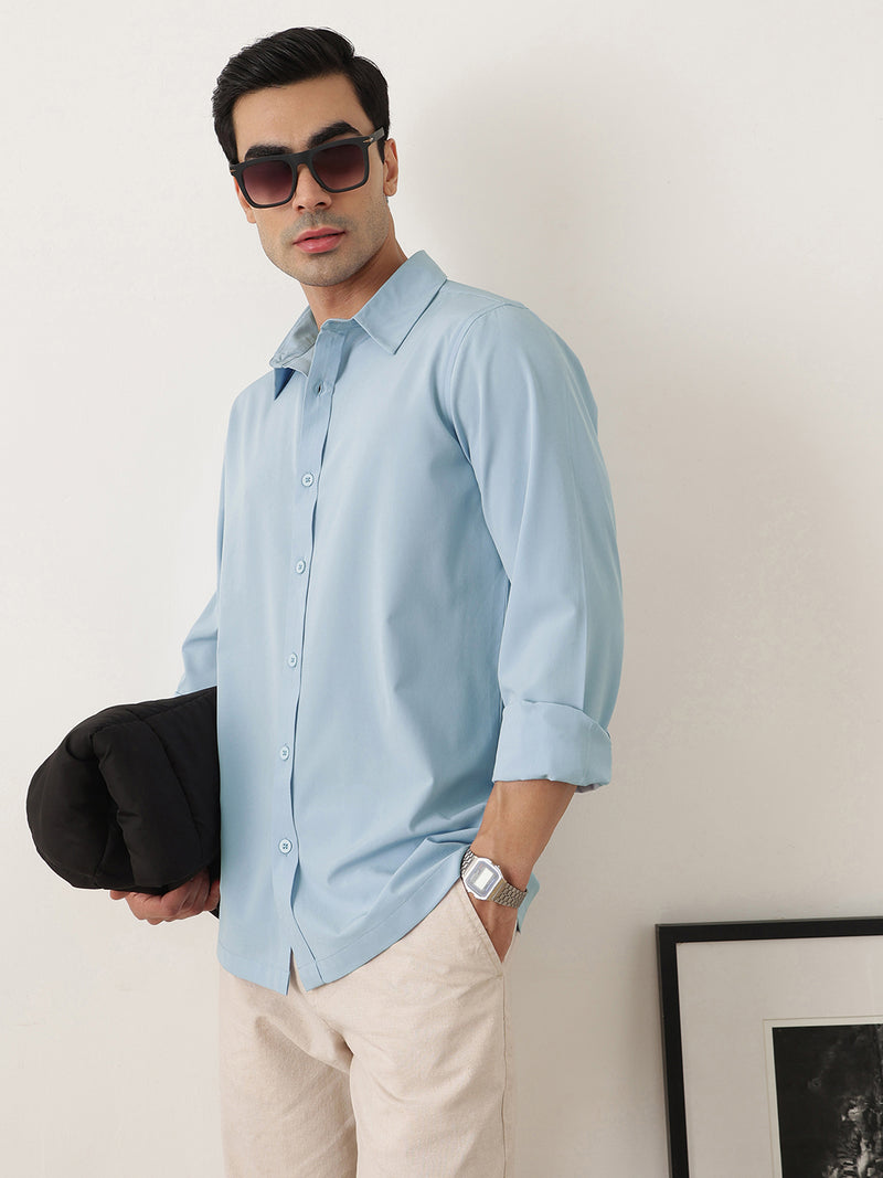 Thomas Scott Men Premium Sky Blue Slim Fit Long Sleeves Spread Collar Solid Casual Shirt