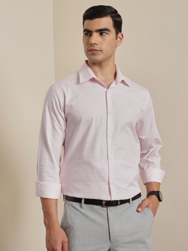 Thomas Scott Men Premium Pink Gingham Checks Cotton Formal Shirt with Spread Collar & Full Sleeves