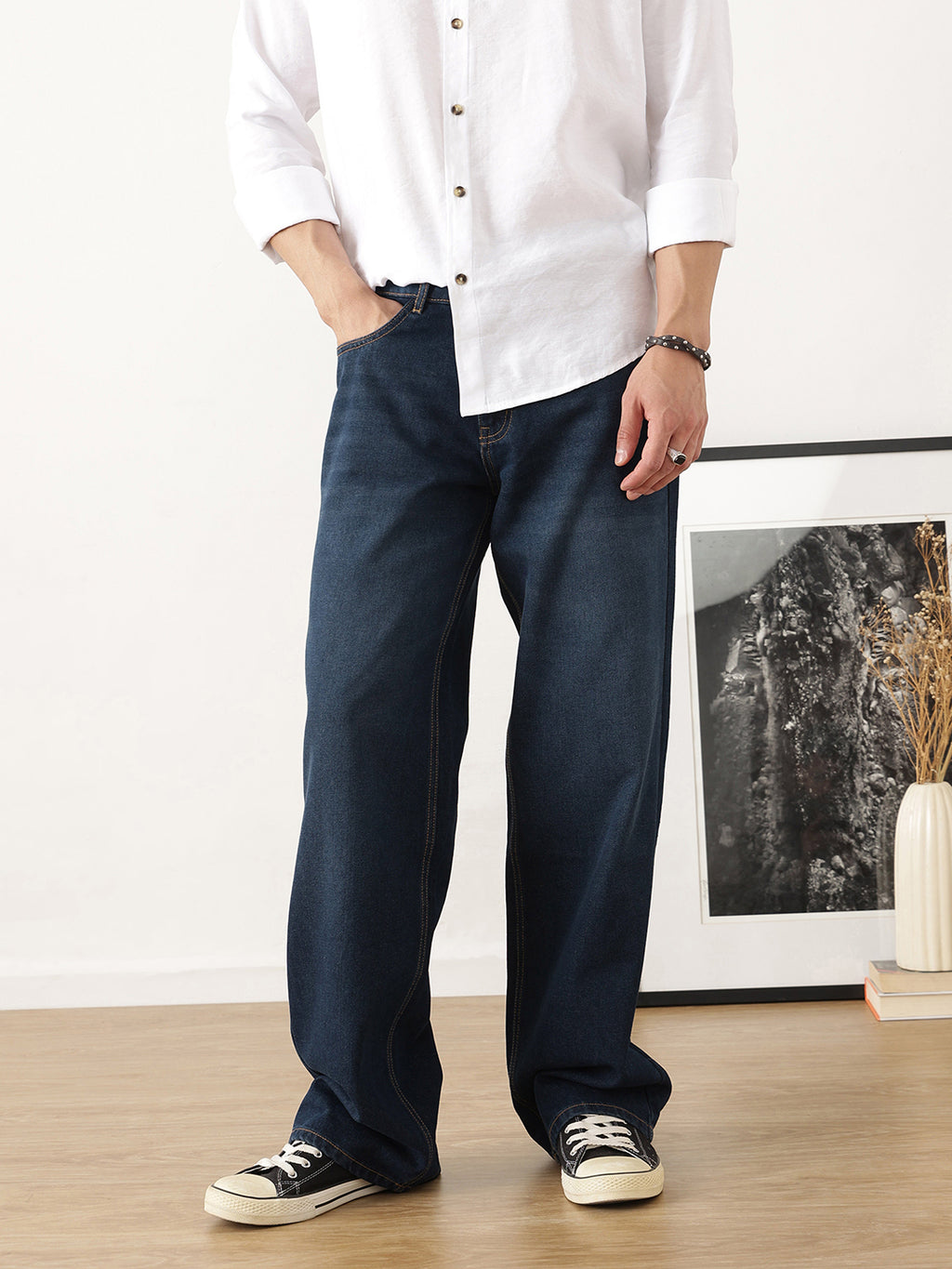 Thomas Scott Men Dark Blue Baggy Fit Dark Shade Clean Look Non Stretchable Jeans