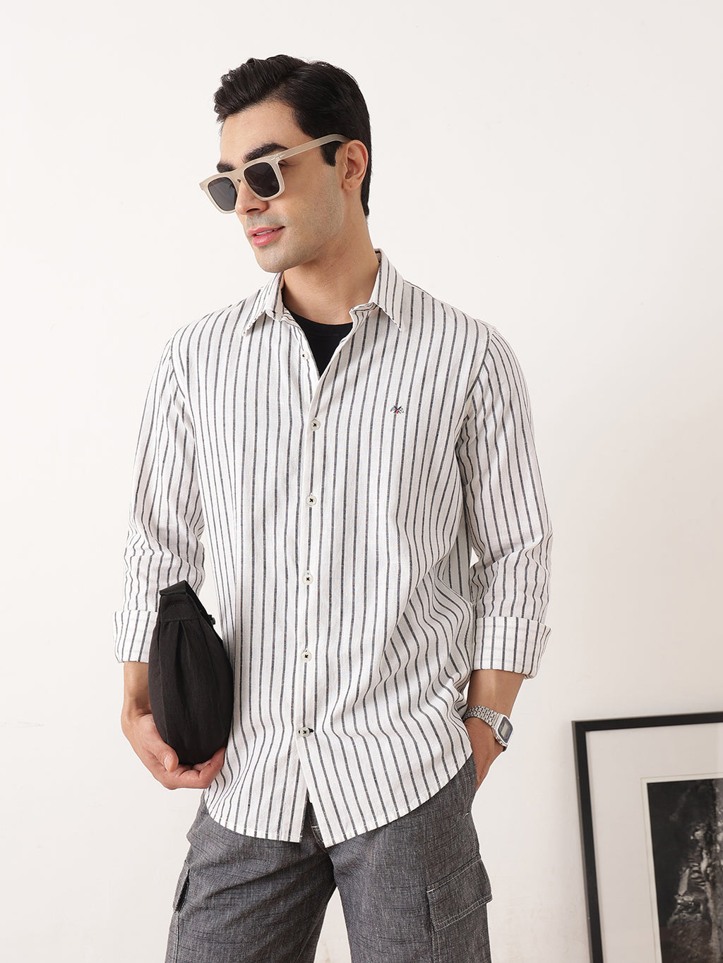 Thomas Scott Men Black Premium Regular Fit Long Sleeves Spread Collar Vertical Stripes Cotton Linen Casual Shirts