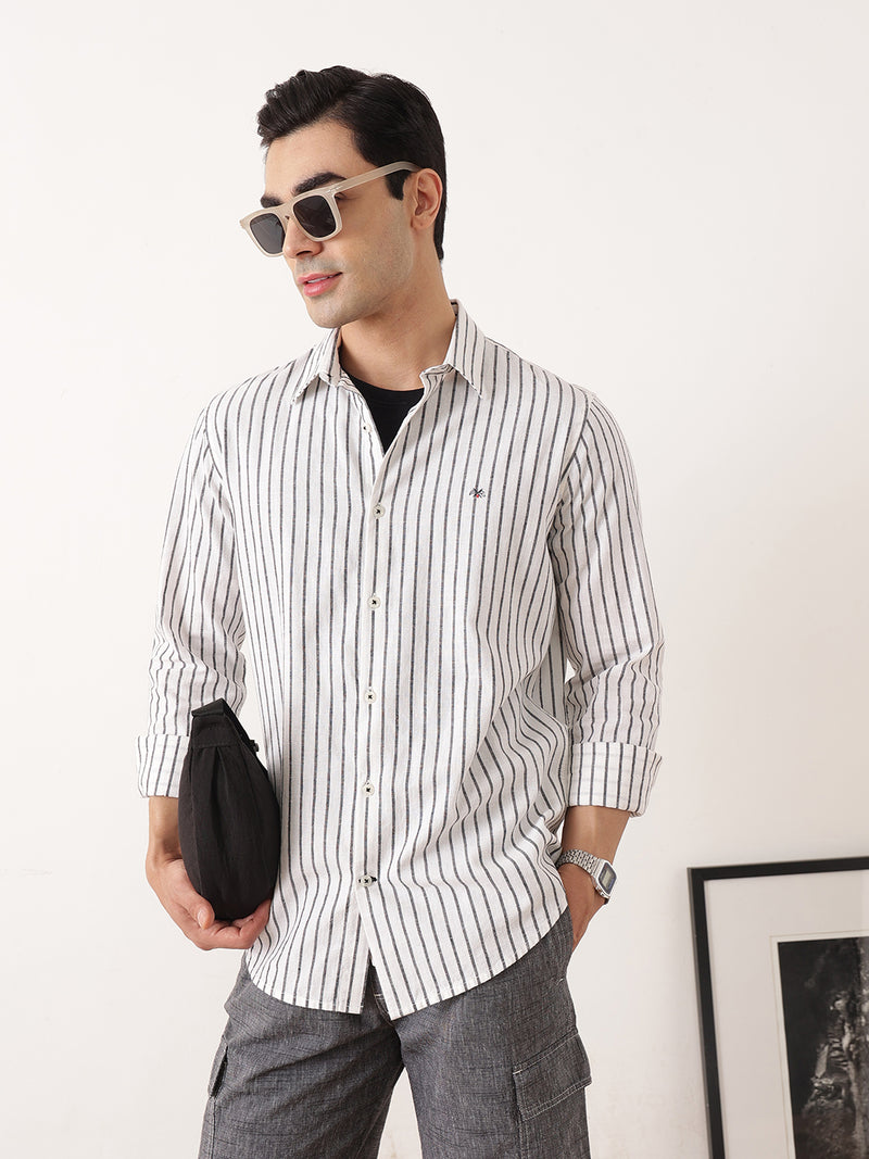 Thomas Scott Men Black Premium Regular Fit Long Sleeves Spread Collar Vertical Stripes Cotton Linen Casual Shirts