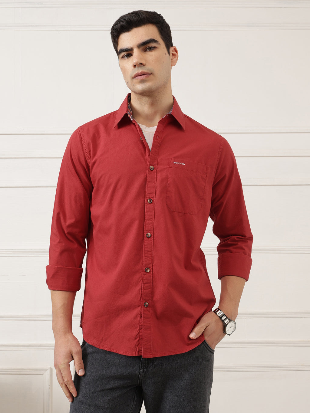 Maroon Premium Regular Fit Long Sleeves Spread Collar Solid Cotton Casual Shirt For Men