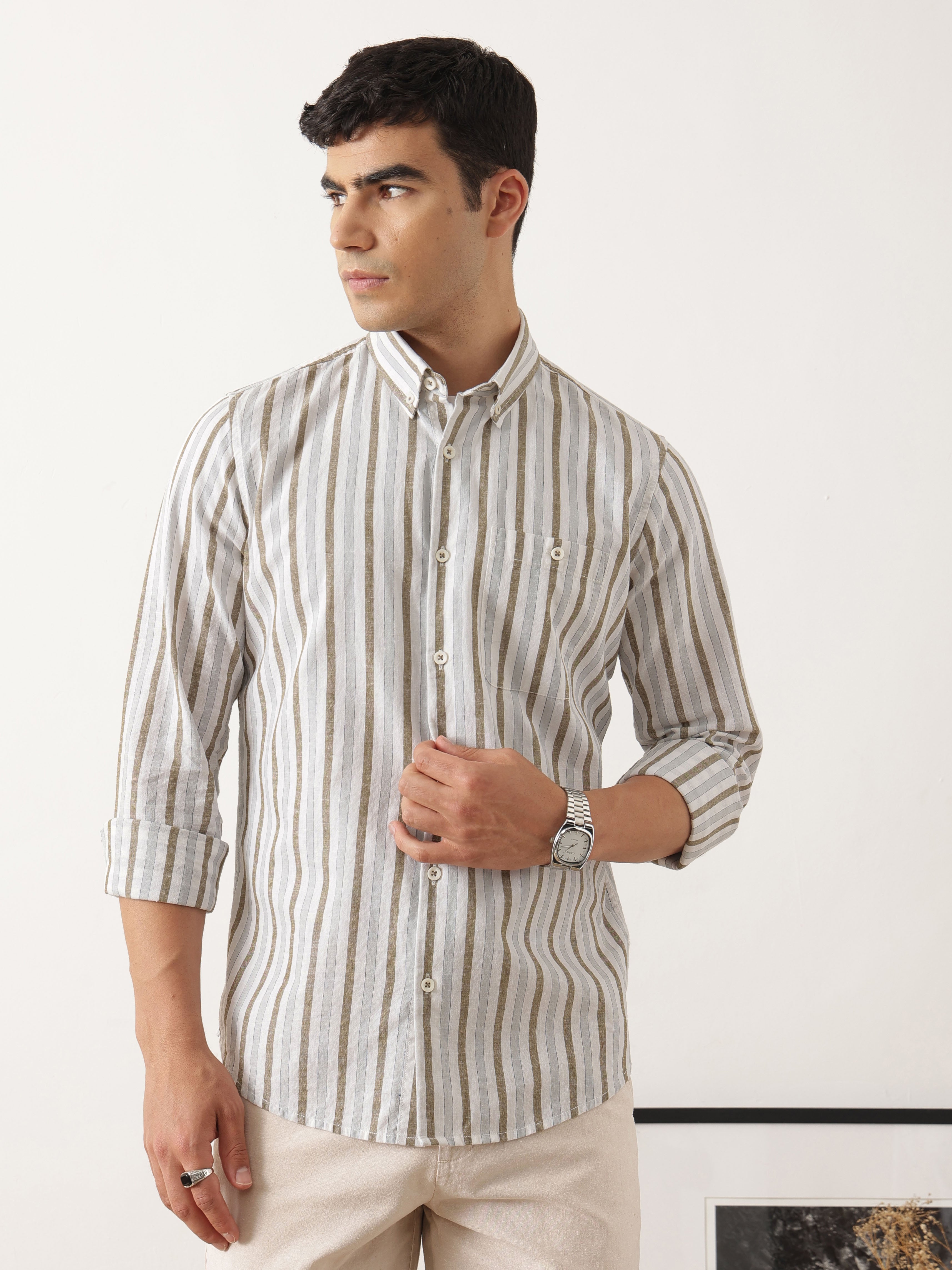 Thomas Scott Men Premium White Slim Fit Long Sleeves Vertical Striped Cotton Linen Casual Shirt with Button Down Collar
