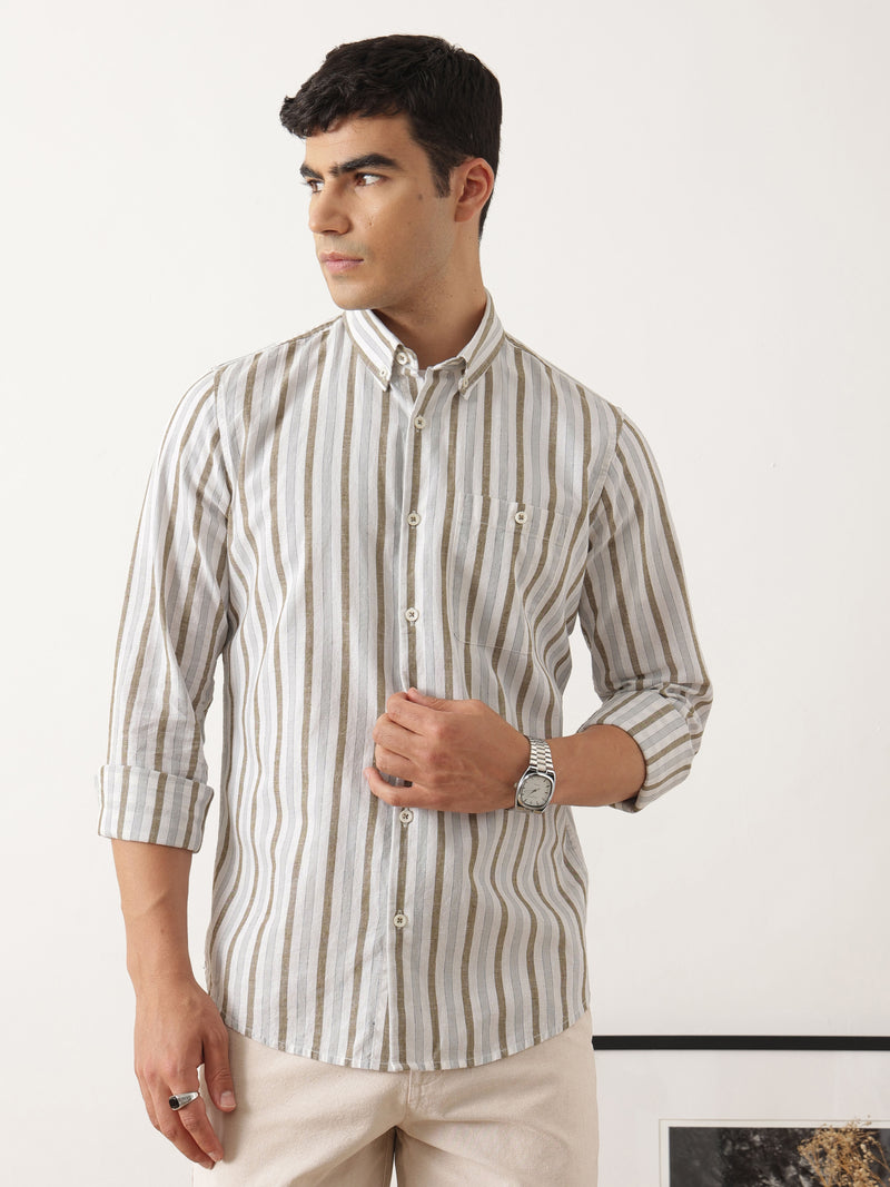Thomas Scott Men Premium White Slim Fit Long Sleeves Vertical Striped Cotton Linen Casual Shirt with Button Down Collar