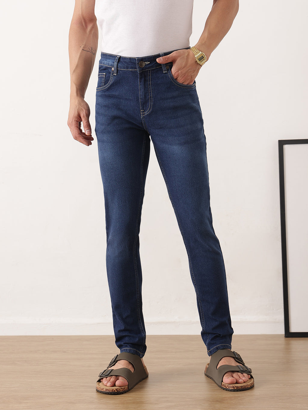 Thomas Scott Men Dark Blue Smart Skinny Fit Mid-Rise Light Fade Clean Look Stretchable Jeans