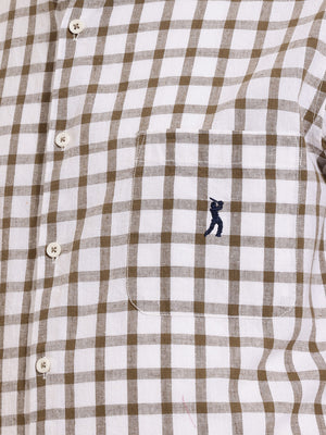Thomas Scott Men Premium Brown Plus Size Regular Fit Long Sleeves Button Down Collar Gingham Checks Cotton Linen Casual Shirt
