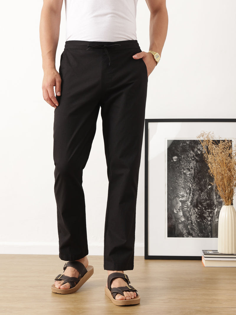 Thomas Scott Men Smart Black Regular Fit Mid-Rise Solid Woven Cotton Linen Trouser