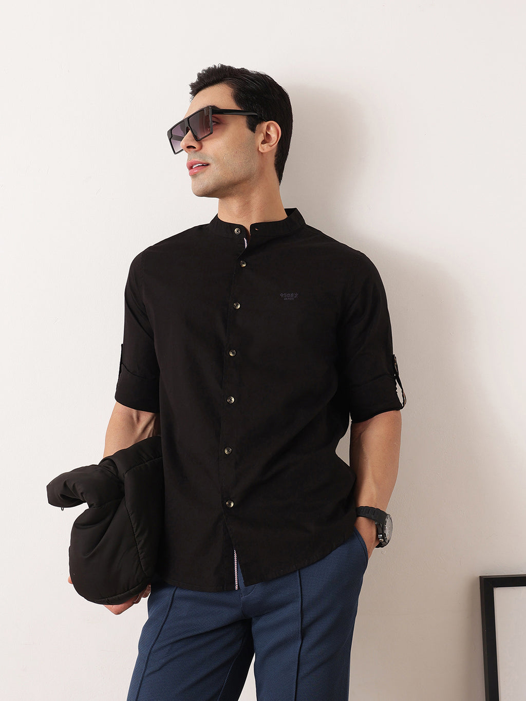 Thomas Scott Men Black  Premium Regular Fit Long Roll-Up Sleeves Mandarin Collar Solid Cotton Casual Shirts