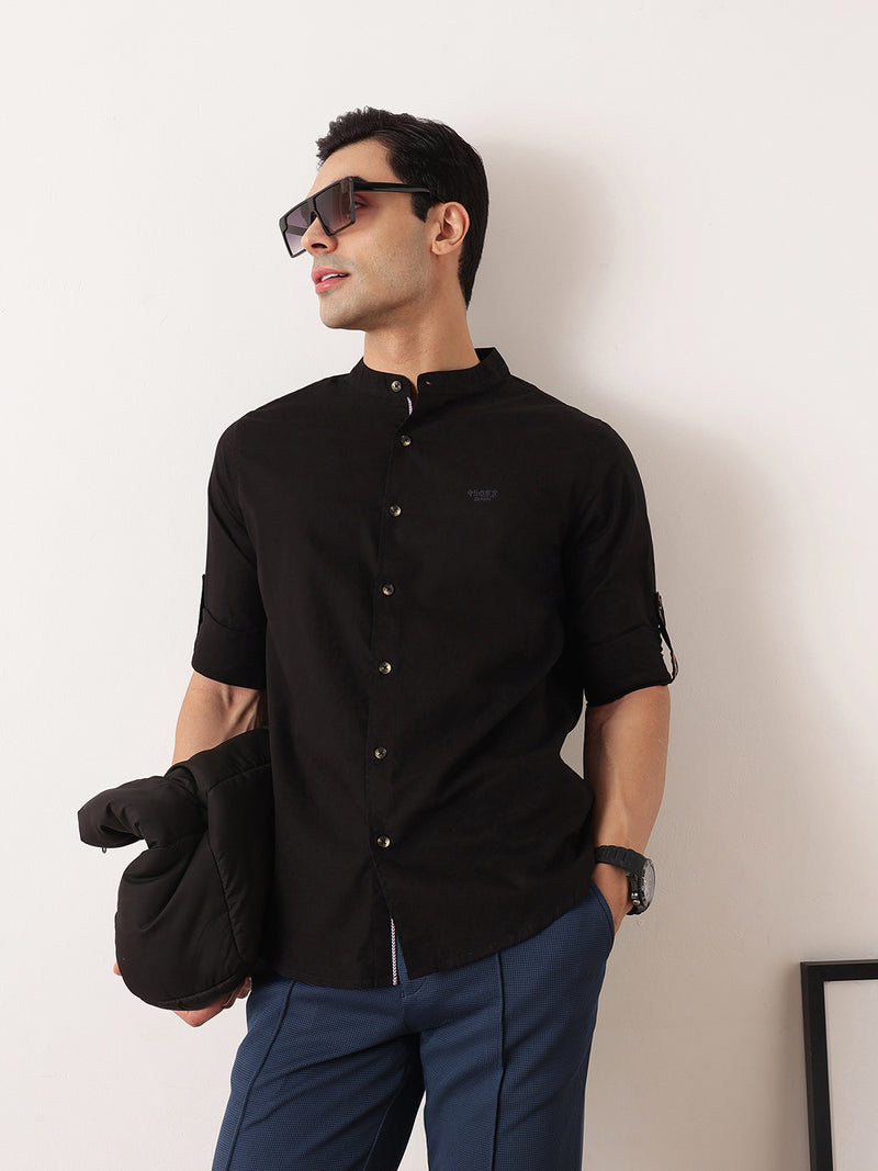 Thomas Scott Men Black  Premium Regular Fit Long Roll-Up Sleeves Mandarin Collar Solid Cotton Casual Shirts