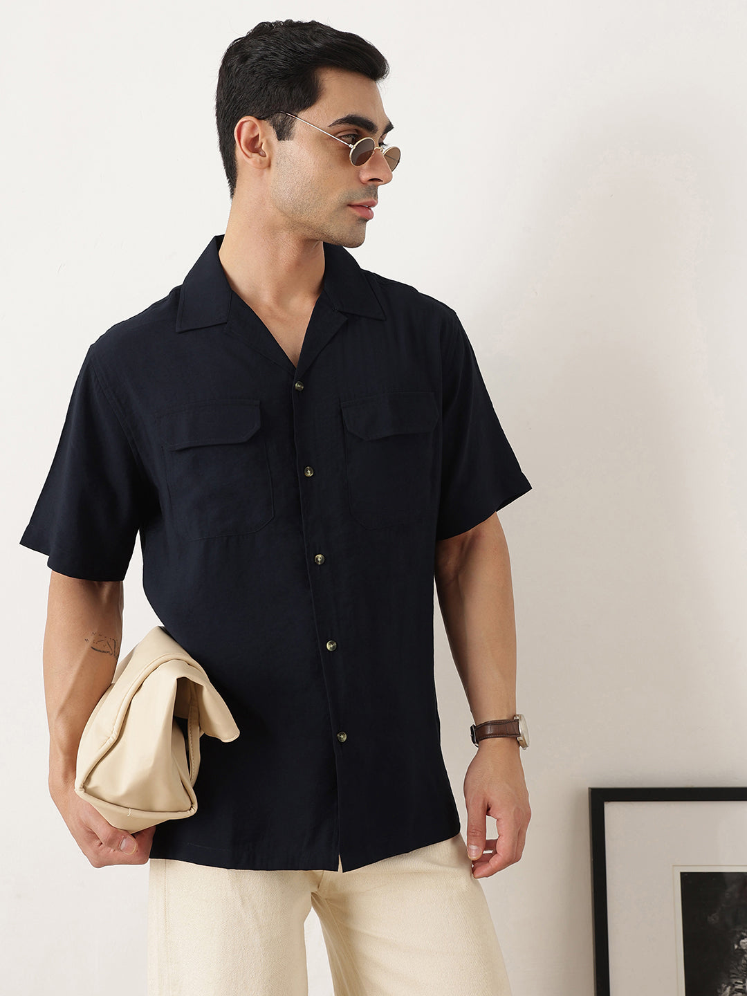 Thomas Scott Men Premium Navy Oversize Fit Short Sleeves Cuban Collar Textured Casual Shirt