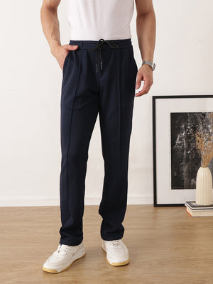 Thomas Scott Men Navy Smart Regular Fit Mid-Rise Textured Pleated Knitted Casual Trousers with Drawstring Closure