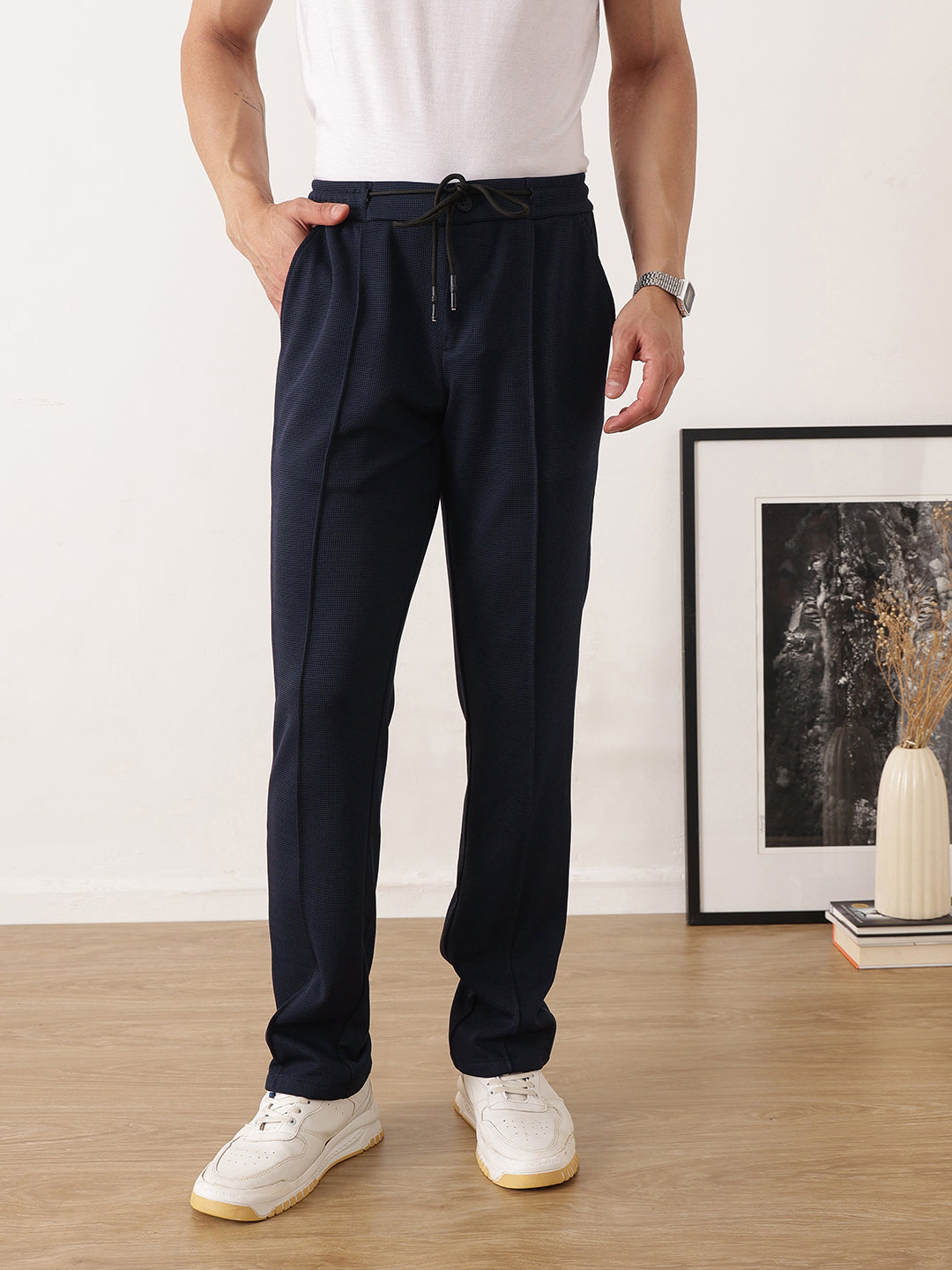 Thomas Scott Men Navy Smart Regular Fit Mid-Rise Textured Pleated Knitted Casual Trousers with Drawstring Closure