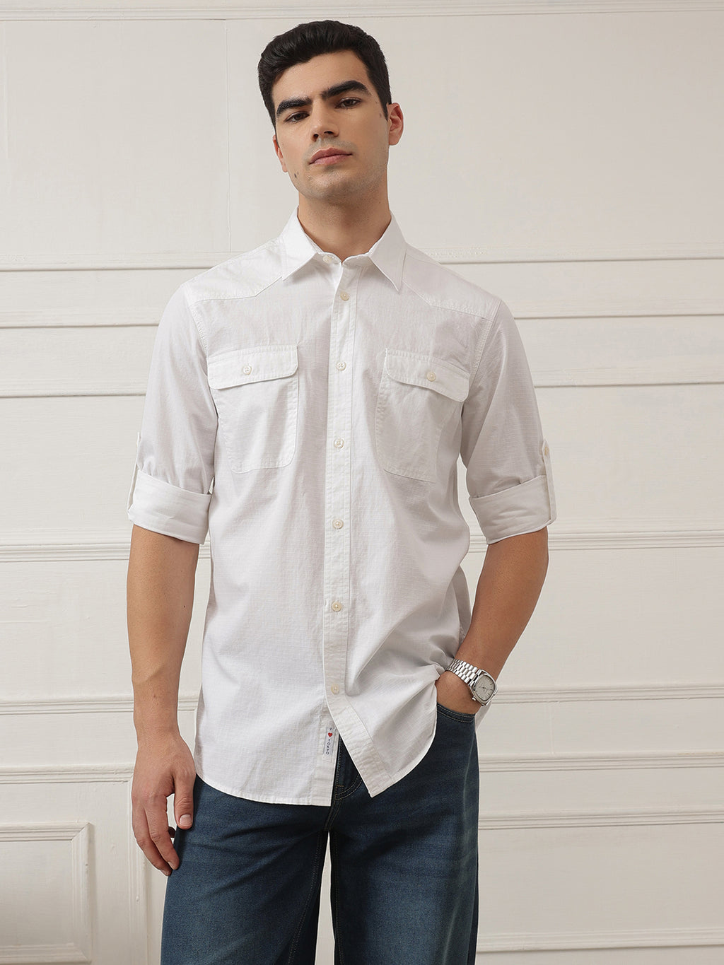White Optical Roll-Up Sleeve Regular Fit Spread Collar Textured Cotton Casual Shirt For Men