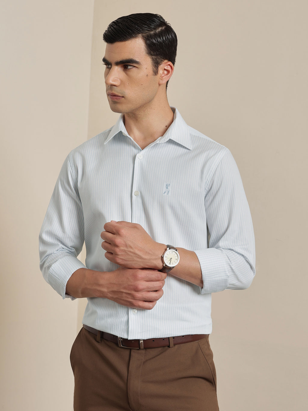 Thomas Scott Men Premium Blue Vertical Stripes Cotton Formal Shirt with Spread Collar & Full Sleeves