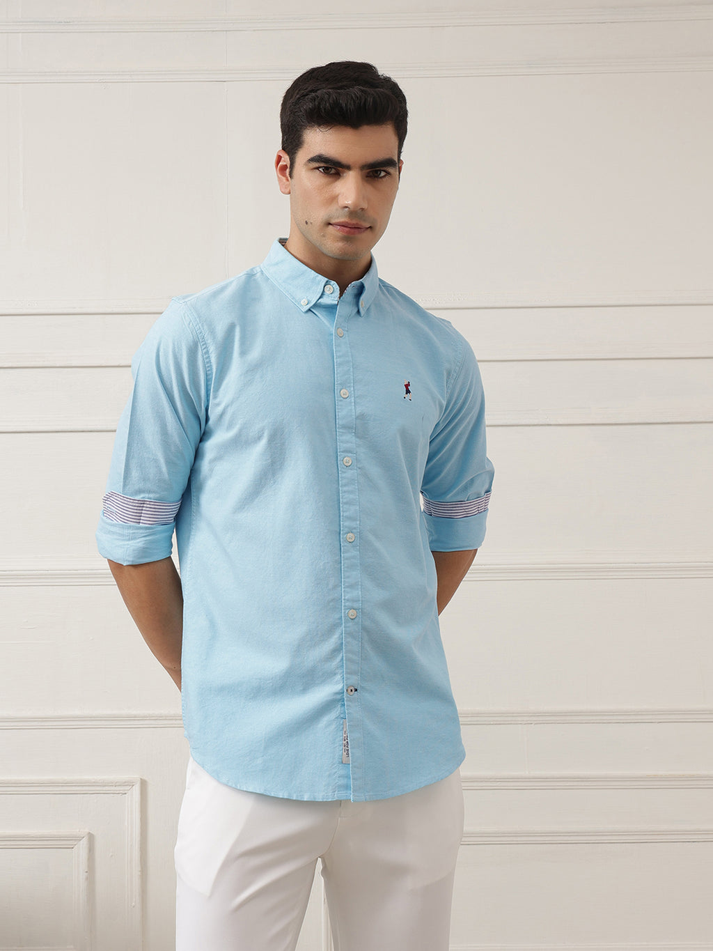 Aqua Premium Regular Fit Button-Down Collar Solid Pure Cotton Casual Shirt For Men