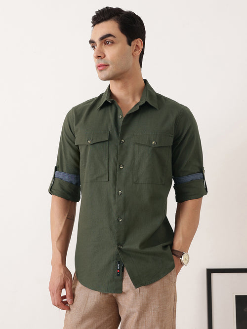 Thomas Scott Men Bottle Green Premium Slim Fit Long Roll-Up Sleeves Spread Collar Solid Cotton Casual Shirt with Flap Pockets