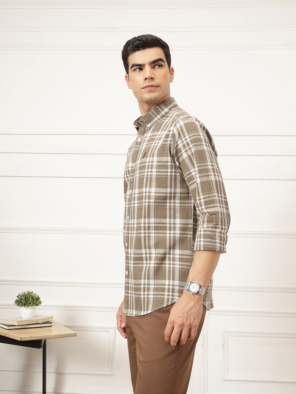 Brown Premium Regular Fit Tartan Checks Cotton Linen Shirt For Men