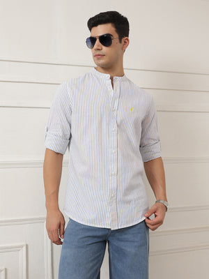 Blue Regular Fit Vertical Striped Cotton Linen Casual Shirt For Men with Roll-Up Sleeves