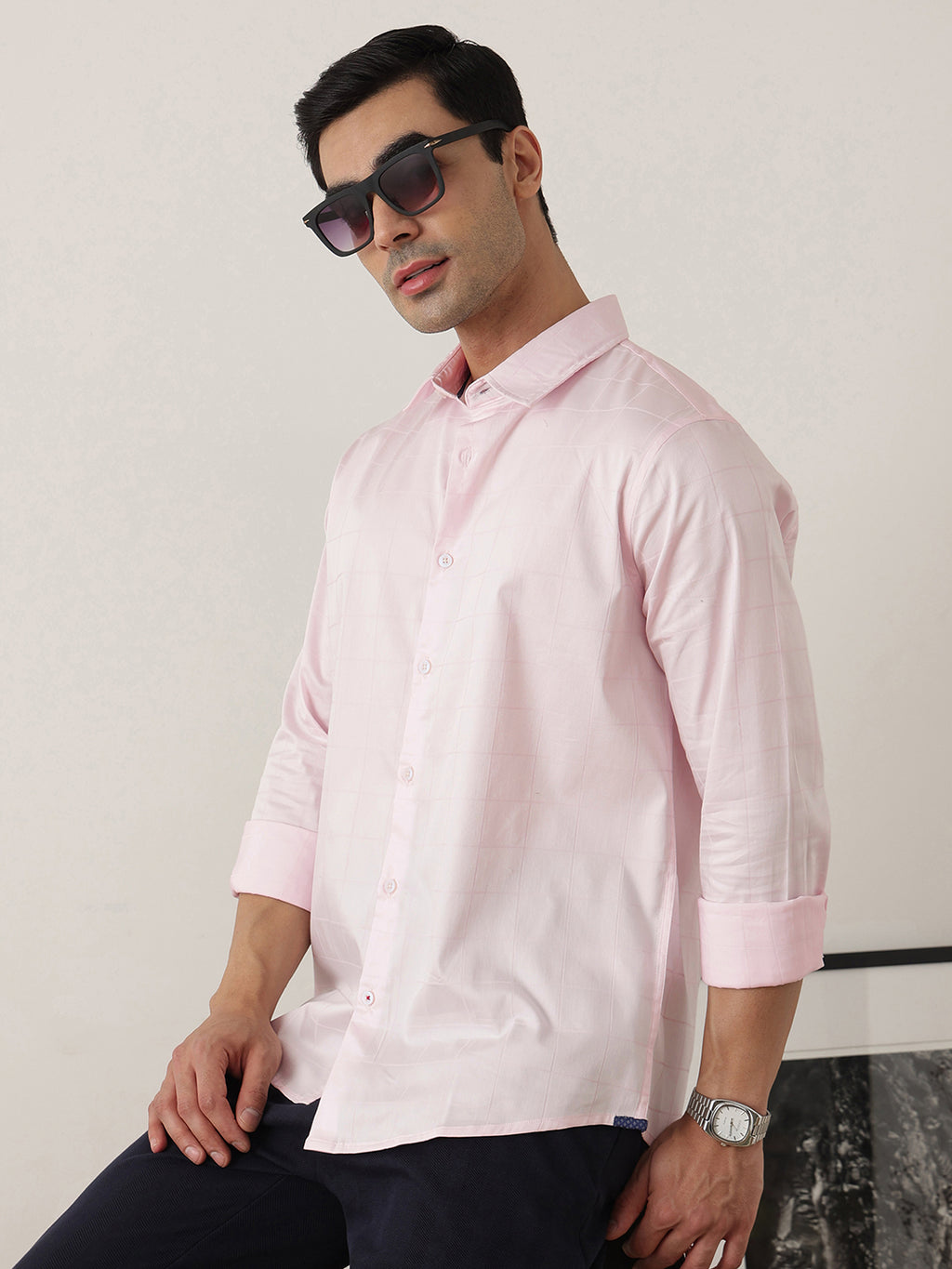 Thomas Scott Men Premium Pink Regular Fit Long Sleeves Spread Collar Windowpane Checks Cotton Lycra Casual Shirt