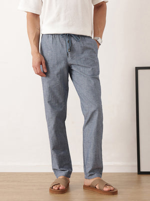 Thomas Scott Men Navy Smart Relaxed Fit Mid-Rise Solid Cotton Linen Pleated Casual Trousers