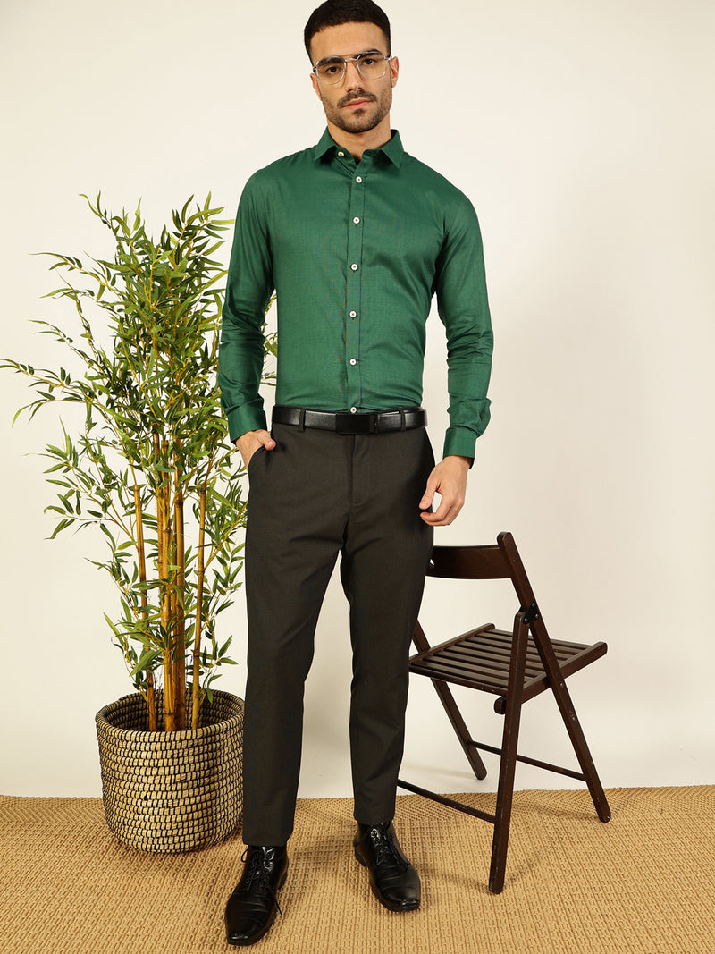 Thomas Scott Men Green Premium Slim Fit Long Sleeves Spread Collar Solid 100% Cotton Formal Shirt