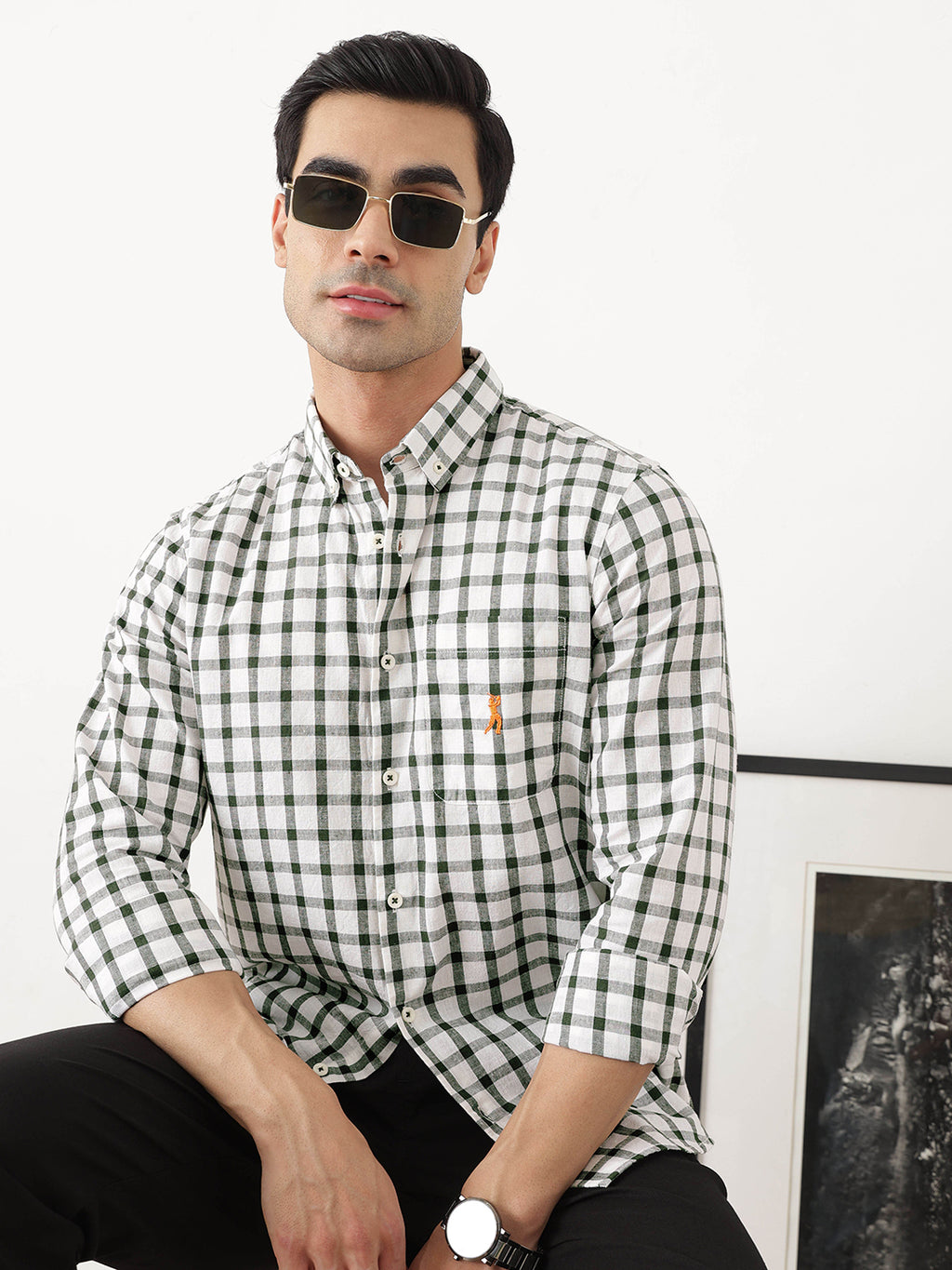 Thomas Scott Men Green Regular Fit Long Sleeves Gingham Checks Button Down Collar Cotton Linen Casual Shirts
