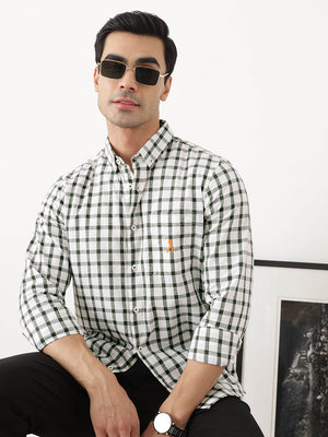 Thomas Scott Men Green Regular Fit Long Sleeves Gingham Checks Button Down Collar Cotton Linen Casual Shirts