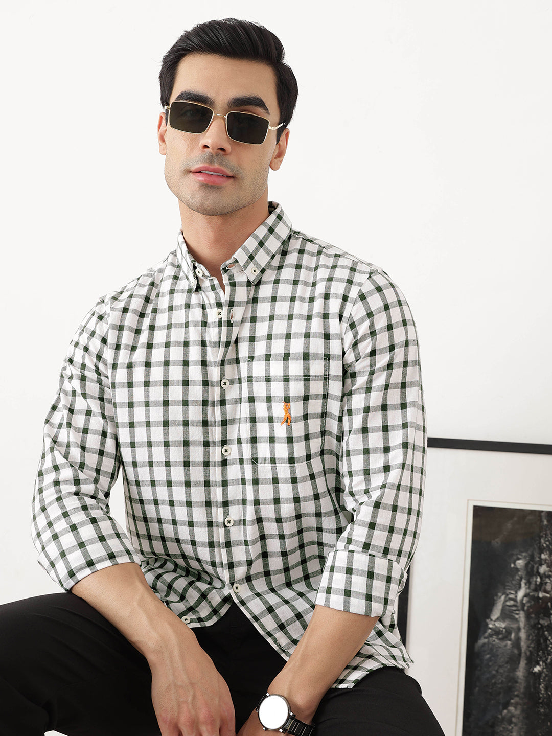Thomas Scott Men Green Regular Fit Long Sleeves Gingham Checks Button Down Collar Cotton Linen Casual Shirts