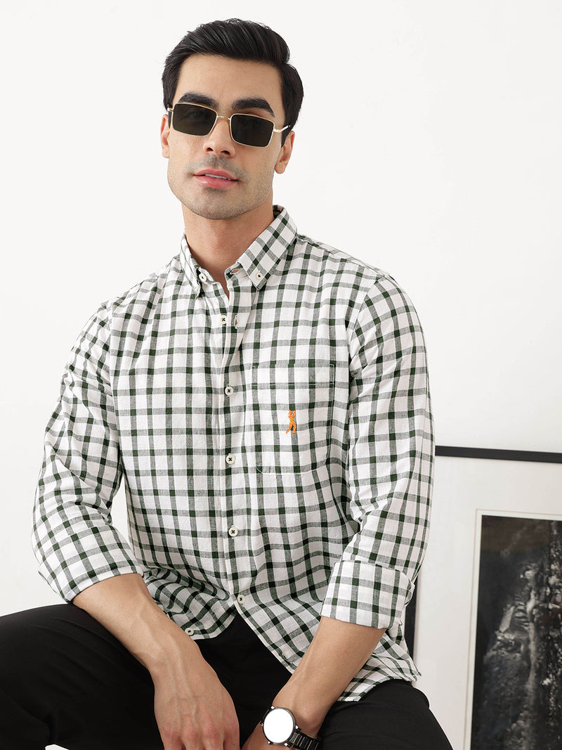 Thomas Scott Men Green Regular Fit Long Sleeves Gingham Checks Button Down Collar Cotton Linen Casual Shirts