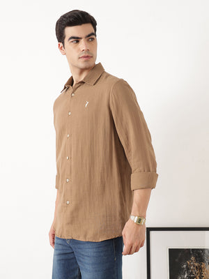 Brown Premium Regular Fit Long Sleeves Spread Collar Solid Cotton Casual Shirt For Men