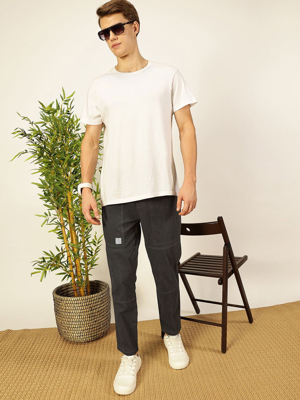 Thomas Scott Men Cement Smart Regular Fit Mid-Rise Solid Cotton Woven Trouser