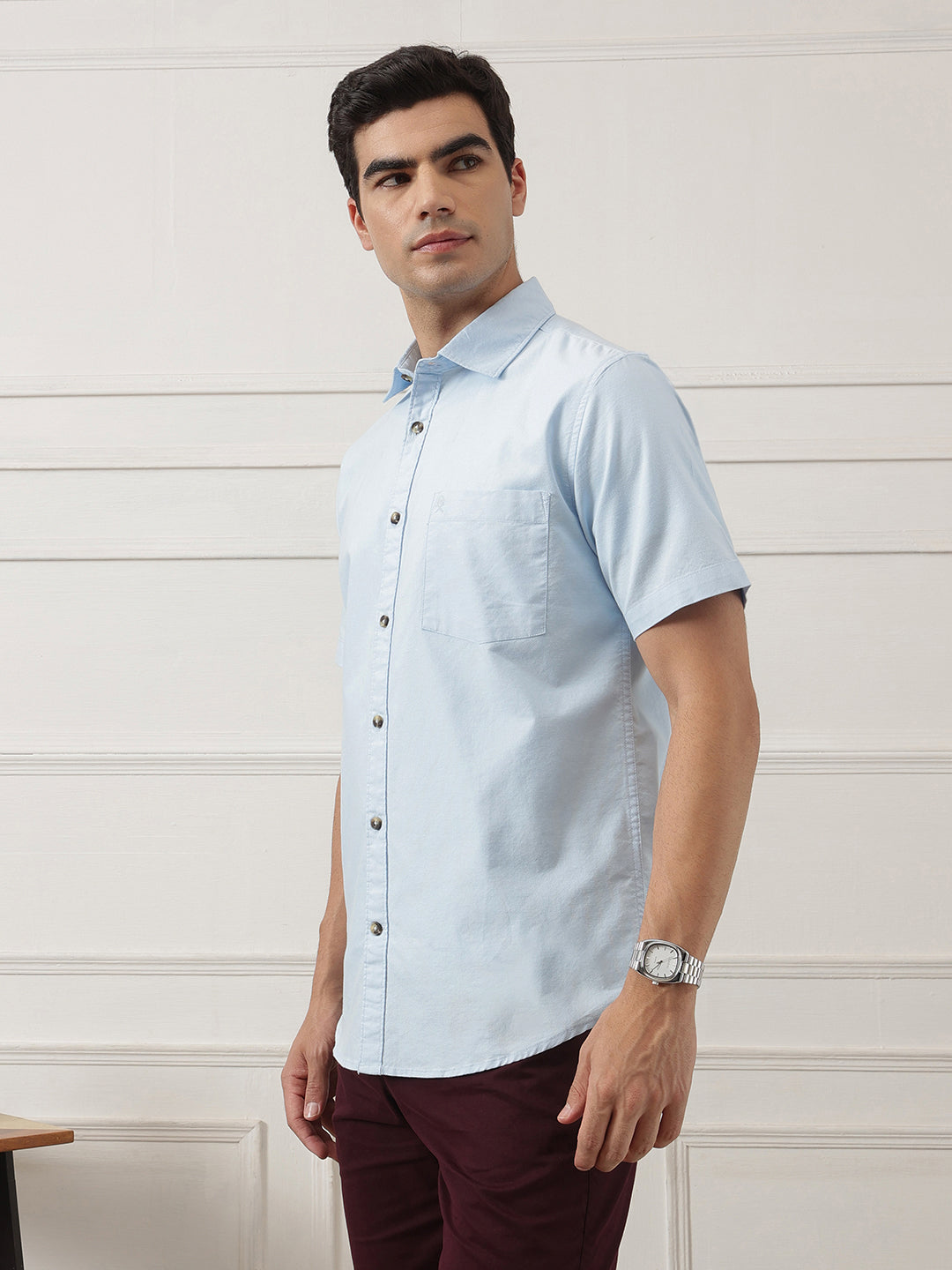 Sky Blue Regular Fit Short Sleeve Spread Collar Solid Oxford Cotton Casual Shirt For Men