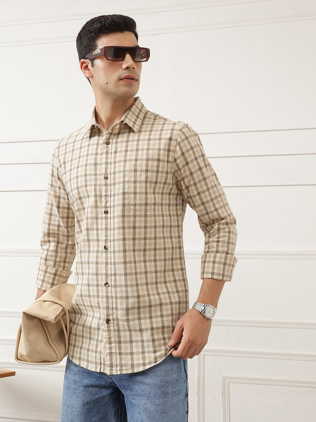 Khaki Premium Slim Fit Graphic Checked Cotton Linen Casual Shirt For Men