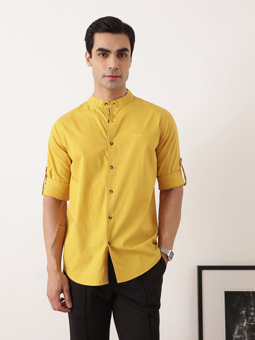 Thomas Scott Men Yellow Premium Regular Fit Long Roll-Up Sleeves Mandarin Collar Solid Cotton Casual Shirts