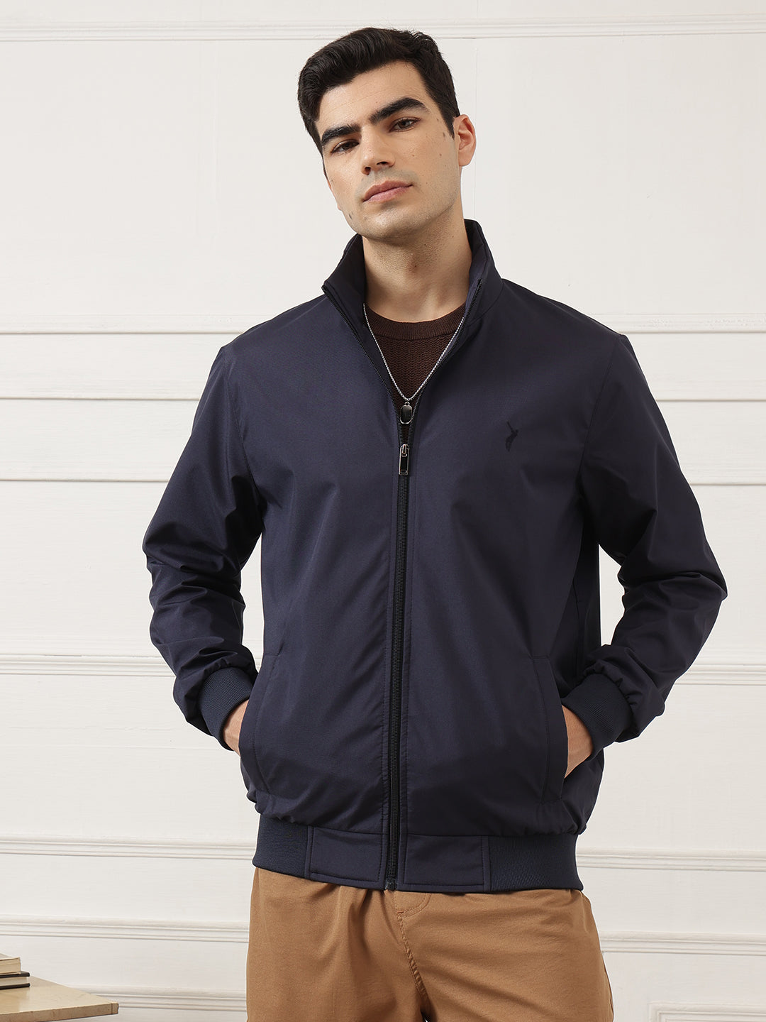 Navy Regular Fit Solid Full Sleeves Stand Collar Zip-Front Casual Bomber Jacket For Men