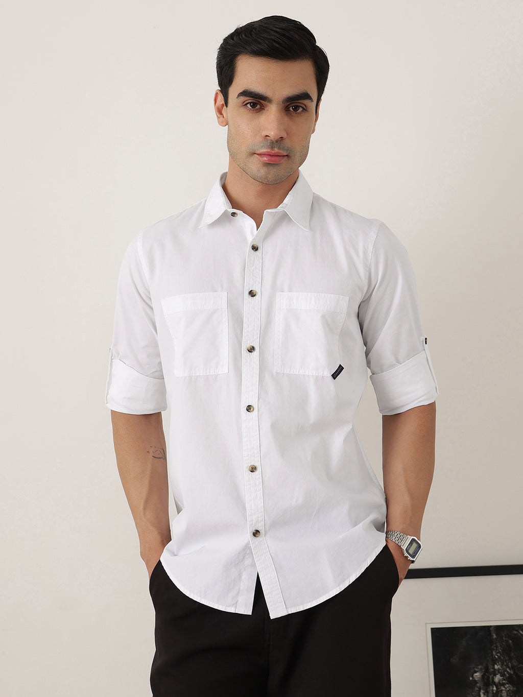 Thomas Scott Men Premium White Slim Fit Long Roll-Up Sleeves Spread Collar Solid Cotton Casual Shirts
