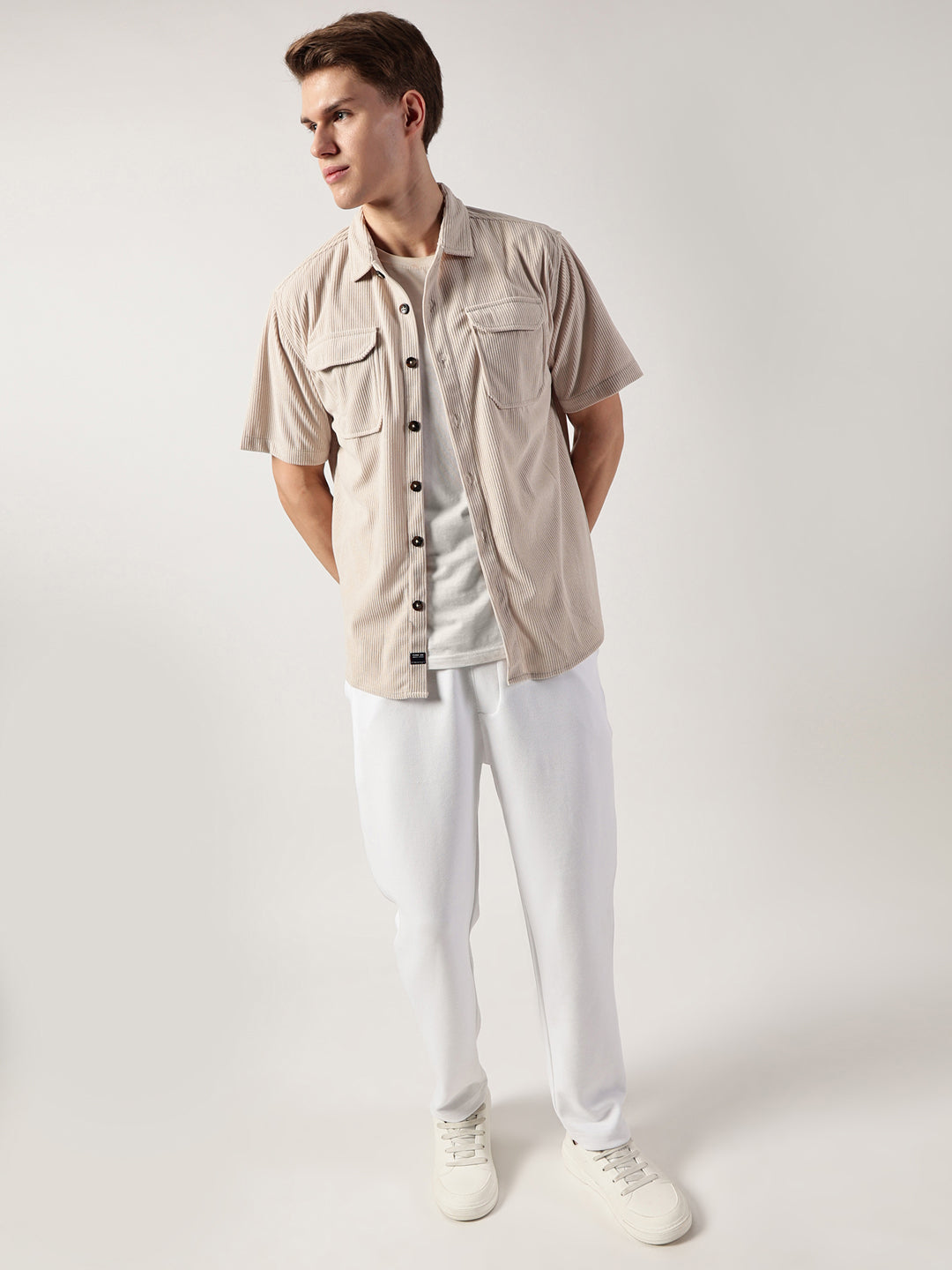 Thomas Scott Men Beige Premium Oversized Short Sleeves Spread Collar Corduroy Casual Shirt