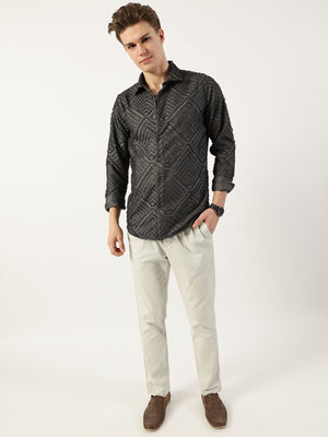 Thomas Scott Men Grey Premium Long Sleeves Slim Fit Spread Collar Textured Casual Shirt
