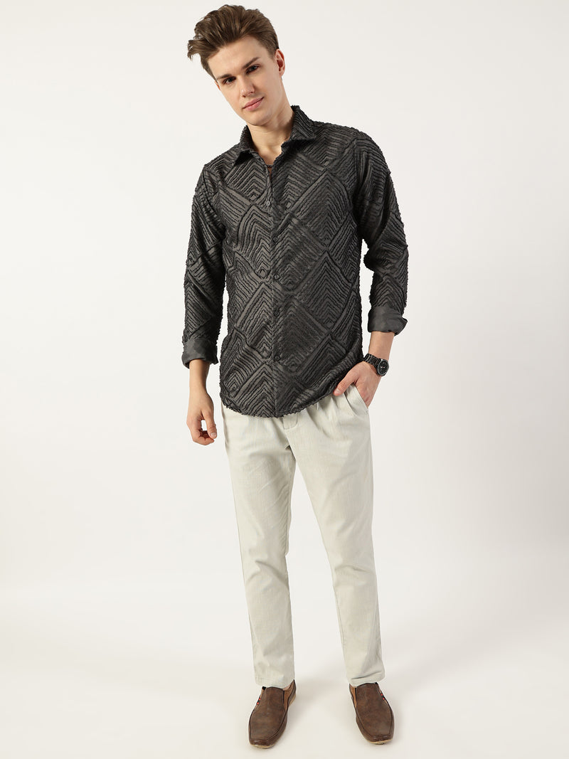 Thomas Scott Men Grey Premium Long Sleeves Slim Fit Spread Collar Textured Casual Shirt