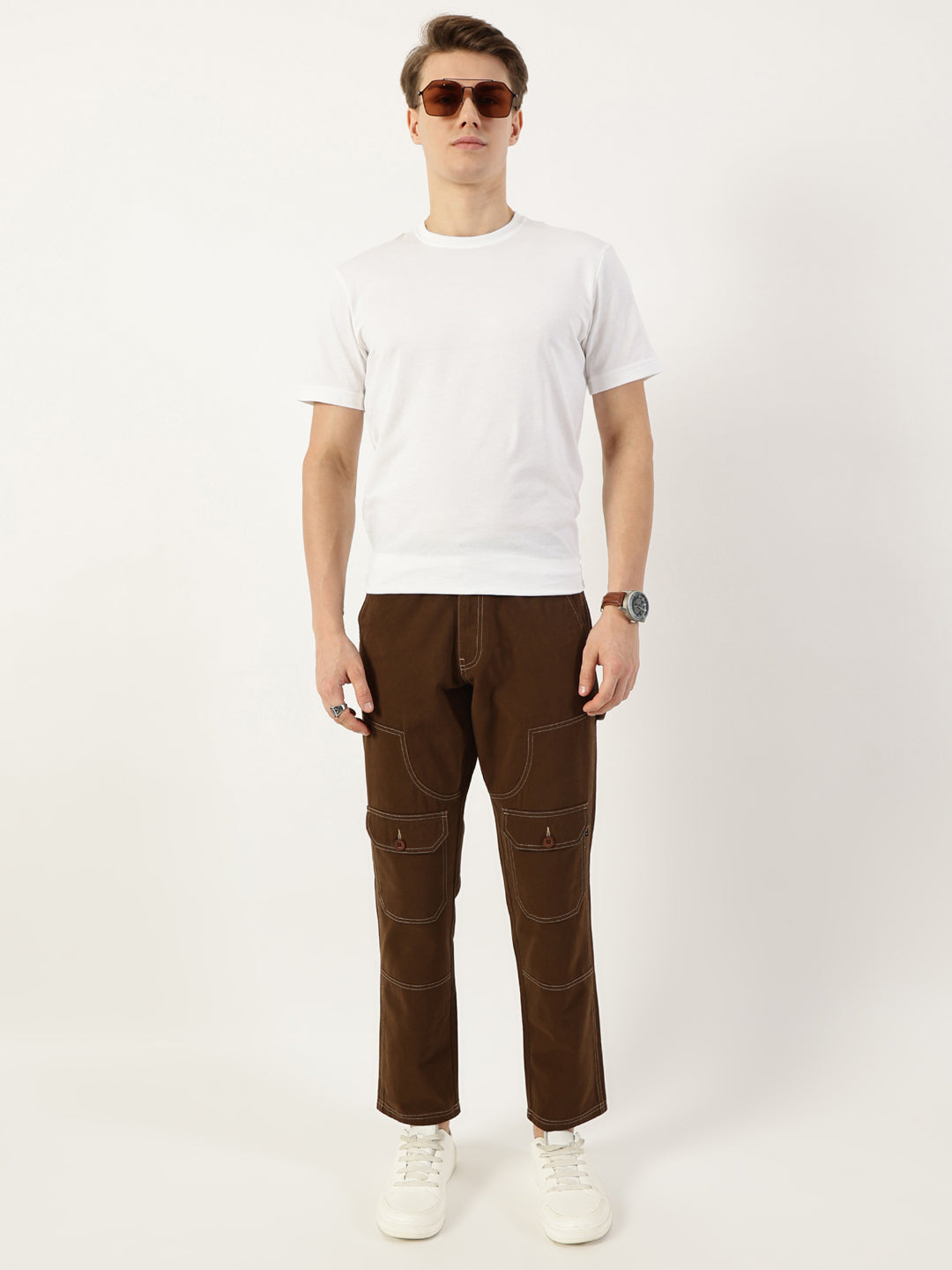 Thomas Scott Men Brown Smart Regular Fit Mid-Rise Solid Cotton Woven Trouser